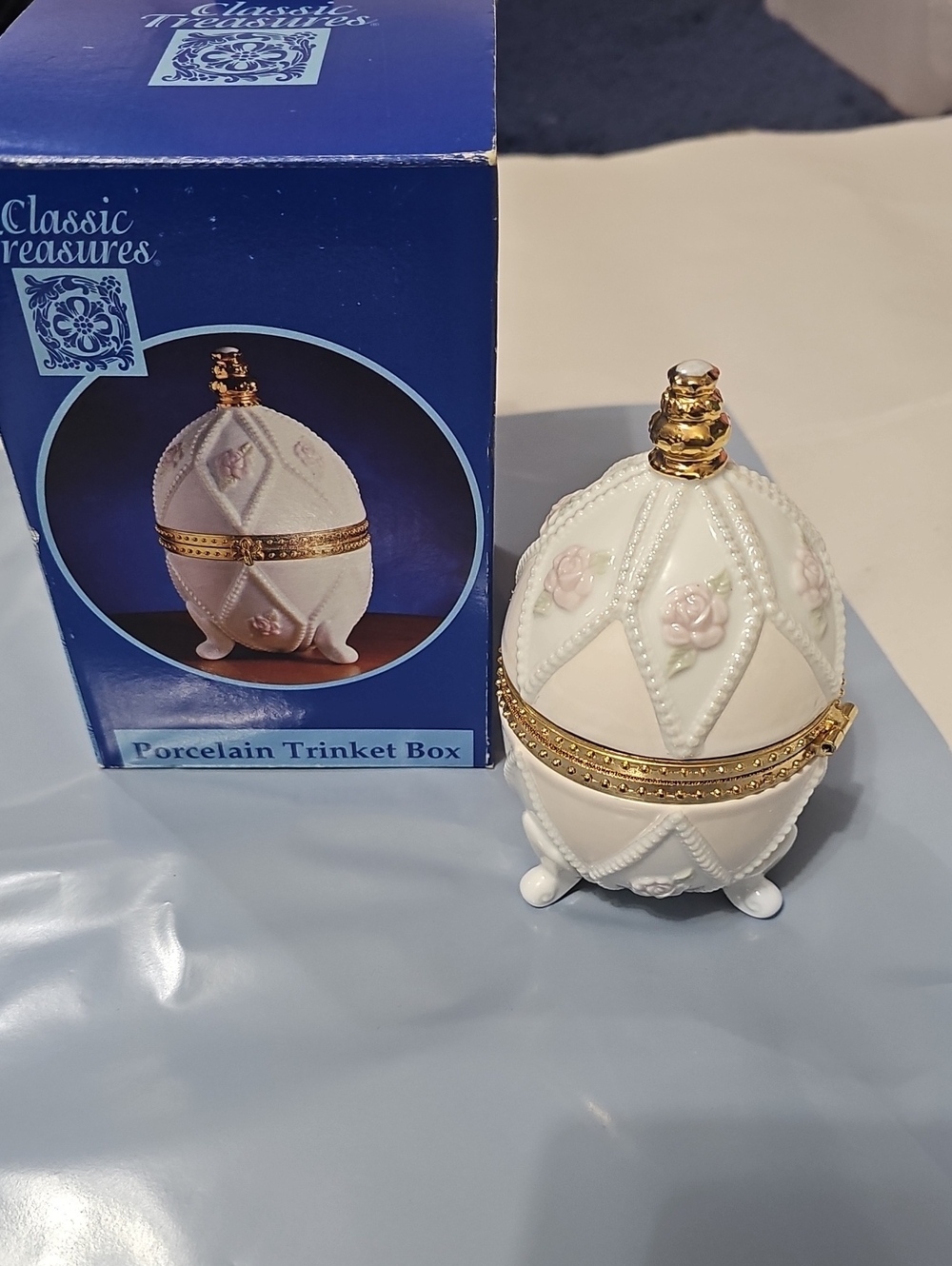 White Porcelain Egg Trinket Box with Gold Trim